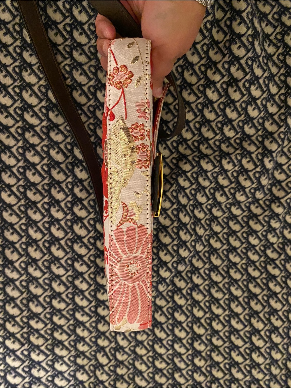 Inspired Floral Pink Embroidered Shoulder Bag with Gold Hardware - Picture 3 of 9